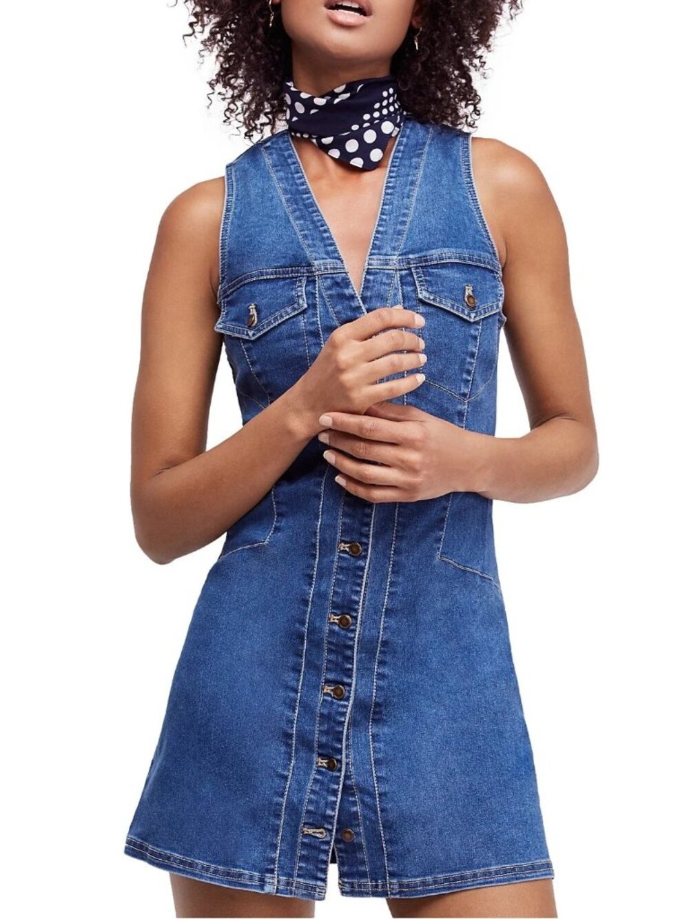 Free People Denim Mini Dress Women’s Size 2 Blue Button Front Sleeveless Jean